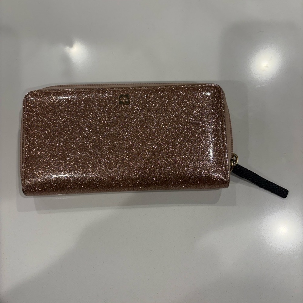 Glittery pink contenital zip around Kate spade mavis street wallet clutch nwt